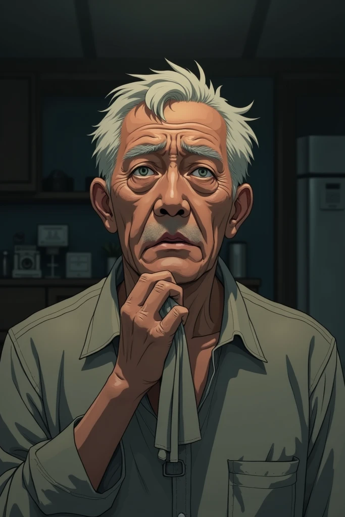 Old man, anime style, scared, short, skinny, pathetic, looking at camera, wearing a wife beater l. 