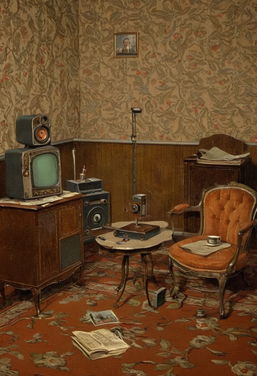 old image: old room (60s), walls decorated with wallpaper with figures typical of the period; a coffee table surrounded by a sofa worn by use and time: on a small table, next to one of the armchairs, there is a large and heavy old audio recorder; intrinsic details in the radio recorder; vintage image; masterpiece