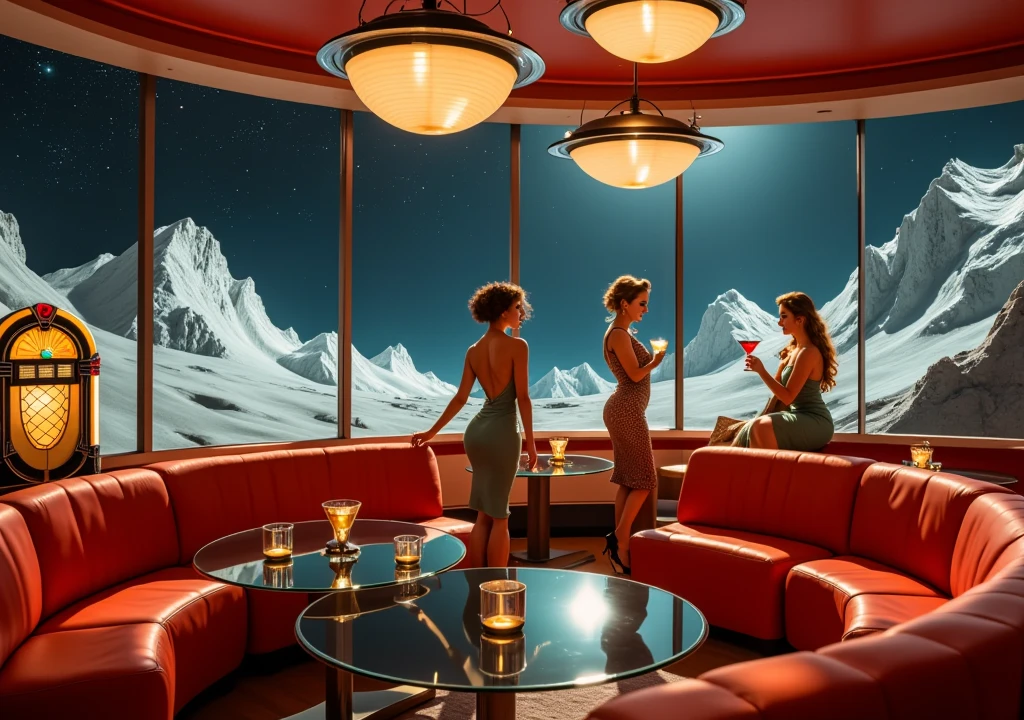 Futuristic 1950s Atomic Lounge": A glamorous lounge with rounded sofas upholstered in vibrant red leather, arranged around circular glass tables with atomic centerpiece decorations. Overhead, pendant lights shaped like orbiting planets cast a warm glow. A jukebox with retro-futuristic detailing sits in one corner, emitting soft jazz. A couple dances gracefully on a small circular platform, while other patrons, including women in voluminous hairstyles and vintage pencil skirts, enjoy martinis in uniquely designed glasses. The lounge’s large windows frame a surreal lunar landscape with silver mountains under a sparkling night sky.