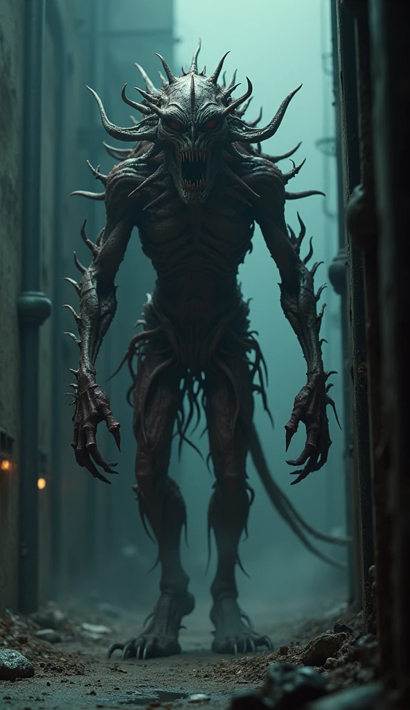 ((best quality)), ((masterpiece)), ((ultra realistic)), ((dark fantasy style)), trending on artstation, pale alien creature attacking, cinematic film still, mutated, smooth rotten skin, subsurface scattering, detailed pale eggshell sickly wet skin, twisted features, needle sharp teeth, lovecraftian monstrosity attacking, people running in the back ground, destroyed burning space station corridor,highly detailed, muted colors, soft volumetric lighting, best quality, masterpiece, realistic, roughness, ultra realistic,
