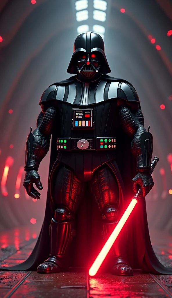 Darth Vader wearing a red and white striped shirt ,with a saber,looking at the camera