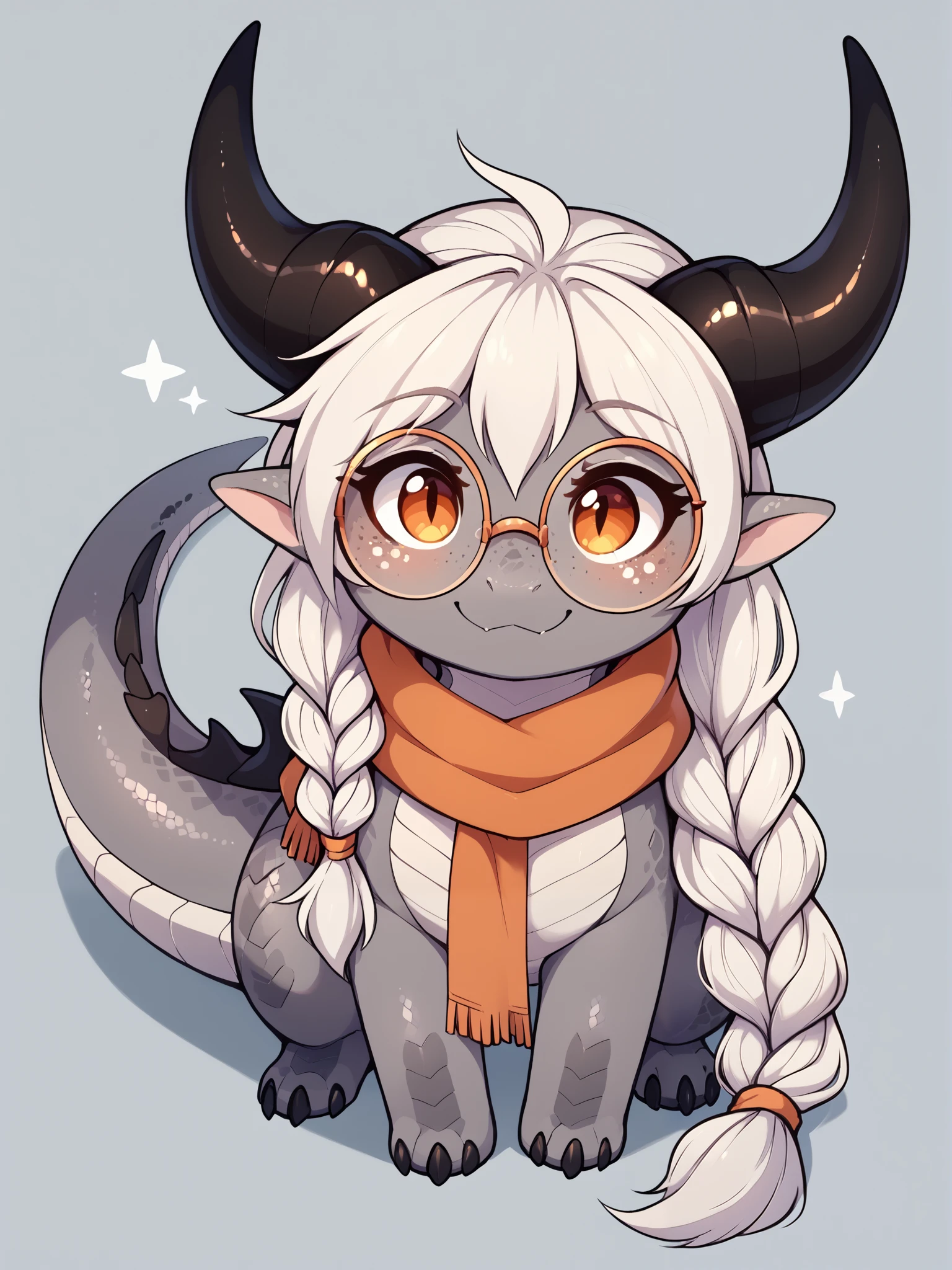 solo, score_9_up, score_8_up, score_7_up , score_6_up, best quality, SimplePositiveXLv2, source_furry, BREAK big dragon tail, Kayda:1.5, large pointy ears, (round glasses), thicc, (freckles), long white braided hair, black horns, (cute round face), white inner ear, grey body, scales, adorable, BREAK (puppy, chibi, plushification), orange button eyes, looking at viewer, smile, cute seam (sewing), feral, simple background, scarf,
