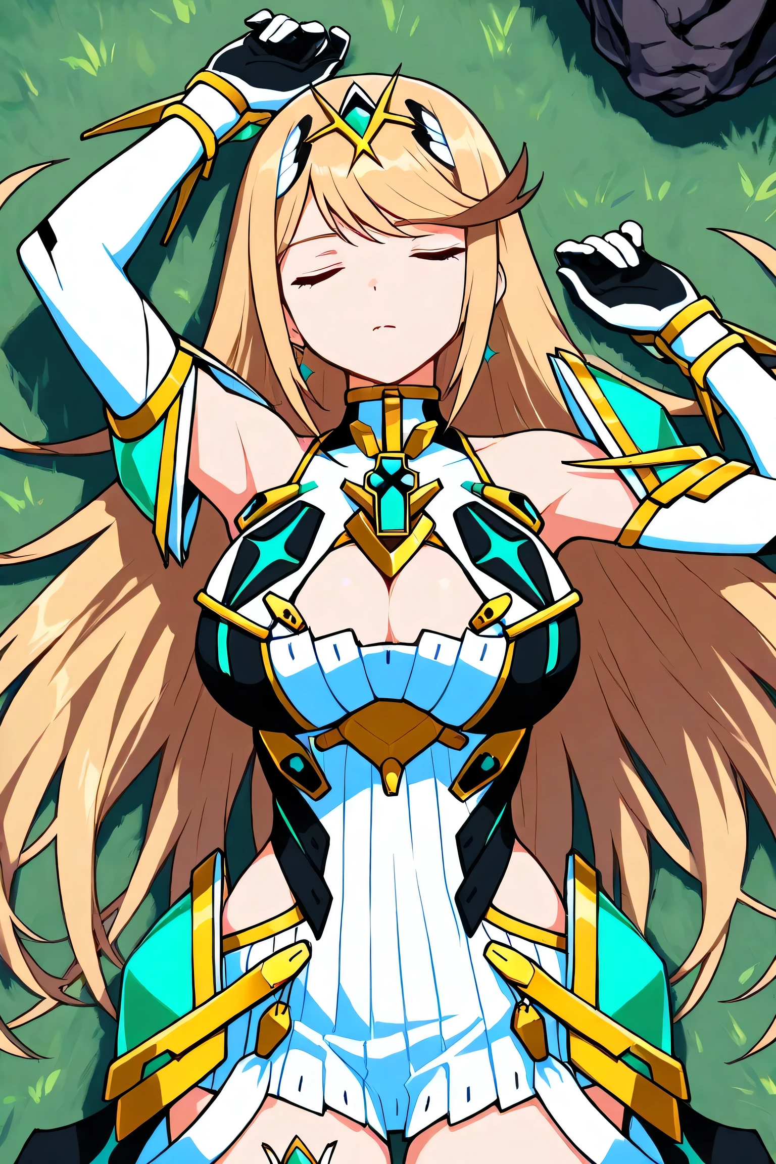 Mythra from Xenoblade, sexy girl, cleavage, large breasts, long hair, blonde hair, masterpiece, best quality, high resolution