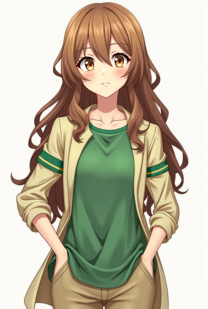 Boku no Hero Academia Template, girl, long wavy light brown hair, honey colored eyes, Light skin wears a grass green t-shirt with green details and a beige low-sleeve shirt and beige pants
