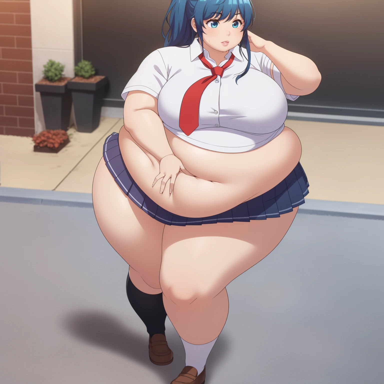 girl, solo, beautiful body, perfect body, nice body, (huge Breasts),

mi minami, blue hair, blue eyes, long hair, ponytail (school uniform:1.5), (pleated skirt:1.5), (miniskirt:1.5), short sleeve, tight, necktie, student shoes, white sock, walking, 



official art, extremely detailed CG unity 8k wallpaper, perfect lighting, Colorful, (best_quality:1.0), ultra high res,4K, ultra-detailed, 8K, HDR, high resolution,  absurdres:1.2, film grain, (vibrant_color:1.2), (narrow waist), huge breasts, (masterpiece:1.2), ((best quality:1.3)), ultra-detailed, ray-traced, high-fidelity textures, crisp focus, dynamic pose, dynamic art, dynmic angle, chubby, chubby girl, curvy, large breasts, lips, plump, thick thighs, thighs, (((oversized gigantic stomach)), curvy, large breasts, lips, plump, thick thighs, thighs, (((oversized gigantic stomach)), curvy, large breasts, lips, plump, thick thighs, thighs, (((oversized gigantic stomach)), waltzpurgis