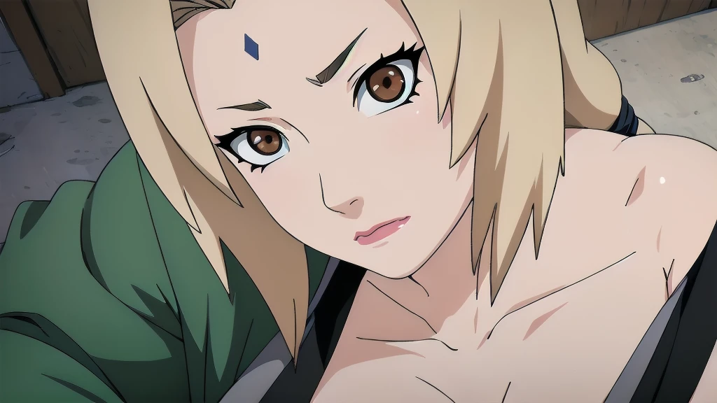 (masterpiece, Highest quality:1.2), alone, One Girl, Tsunade Defense, Forehead mark, View your viewers,Browsing Caution、((anime、Upper body naked、Sad face、Exposed breasts、Medium Size、Off the shoulder、Torn clothes))、、Open kimono, Green haori, Gray kimono, sash, pants 、Upper body close-up、Close-up of a person、Beautiful girl with beautiful details, very cute, Beautiful girl with beautiful details, Professional photography lighting, Highly detailed eyes and face, Beautiful eyes in every detail、Beautiful detailed hair, Beautiful and exquisite cold face、