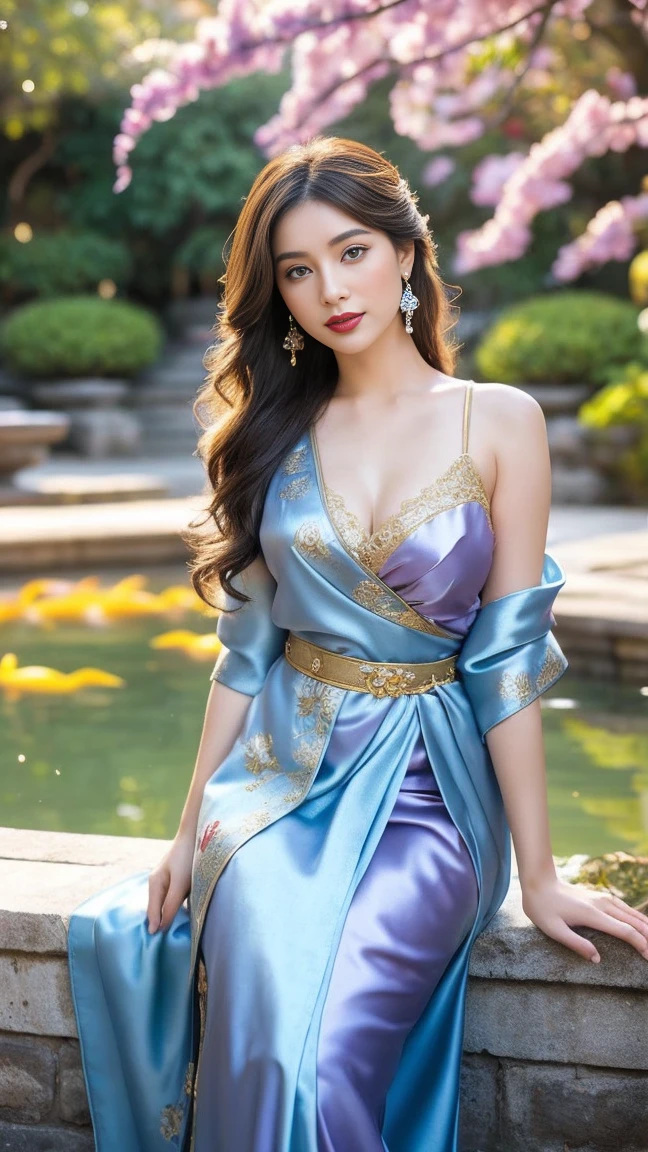 painting of a woman in a blue dress standing in a garden, gigantic cleavage breasts, a fine art painting by Chen Lin, trending on cg society, fantasy art, fantasy art style, ethereal fantasy, a beautiful fantasy empress, beautiful fantasy art, ((a beautiful fantasy empress)), fantasy beautiful, beautiful fantasy maiden, ethereal beauty, palace , a girl in hanfu, vibrant fantasy style