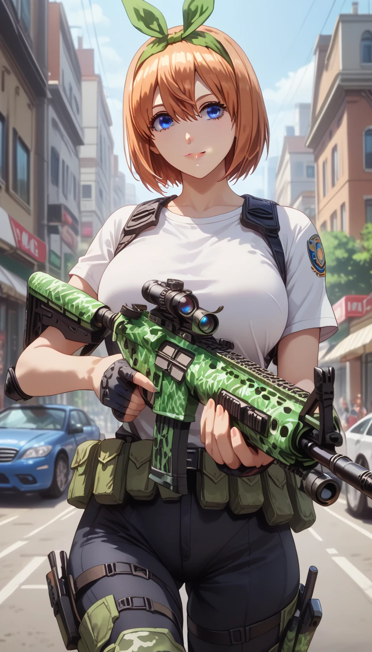 ultra-detailed, 1girl, mature female, yotsuba nakano, ((masterpiece)), (best quality), (highres), 16K, perfect face, bangs, short hair, blue eyes, hair between eyes, hair ribbon, hairband, orange hair, green ribbon, wearing tactical gear, tactical belt, black thong, knee pads, busty body, large breasts and a beautiful ass, showcasing cleavage, legs, hips, holding assault rifle, looking at viewer, smile, detailed body, streets background