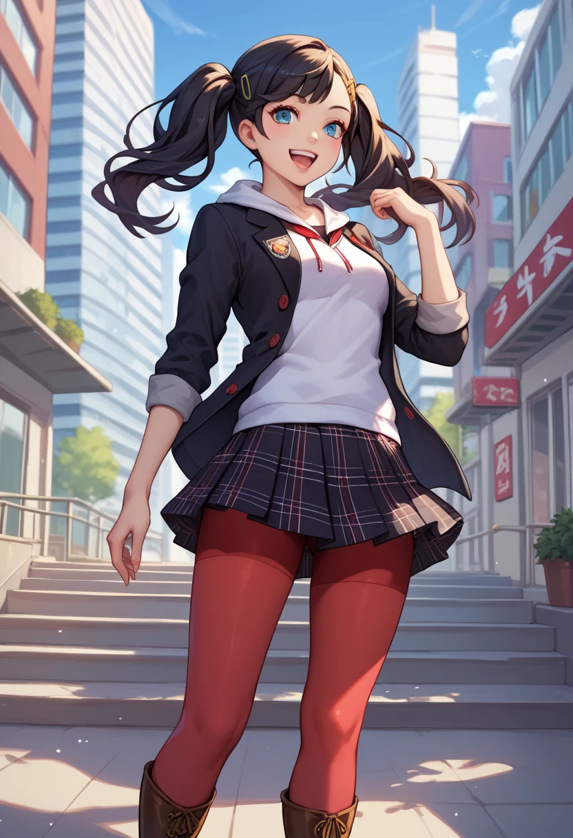 score_9_up, score_8_up, score_7_up,score_6_up, score_5_up, score_4_up , 1girl, solo, defAnn, twintails, hairclip, school uniform, black jacket, open jacket, white hoodie, plaid skirt, red pantyhose, brown boots, shihop5, black hair, ponytail, shirt, plaid skirt, bike shorts, asymmetrical legwear, happy, cowboy shot, city background