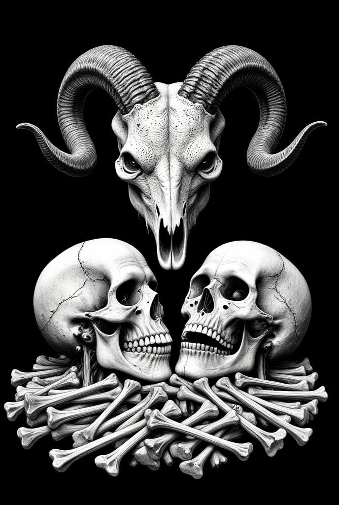 The image is a detailed black and white illustration featuring a goat skull with large, curved horns. and flanked by two human skulls on either side, . The goat skull's horns are textured with fine lines, adding depth and realism. Beneath the skull, there is a messy pile of bones creating a complex design, enhancing the dark art and macabre aesthetic. The background is jet black, which contrasts nicely with the white details of the illustration, emphasizing the intricate line work and dark, mysterious theme of the artwork.