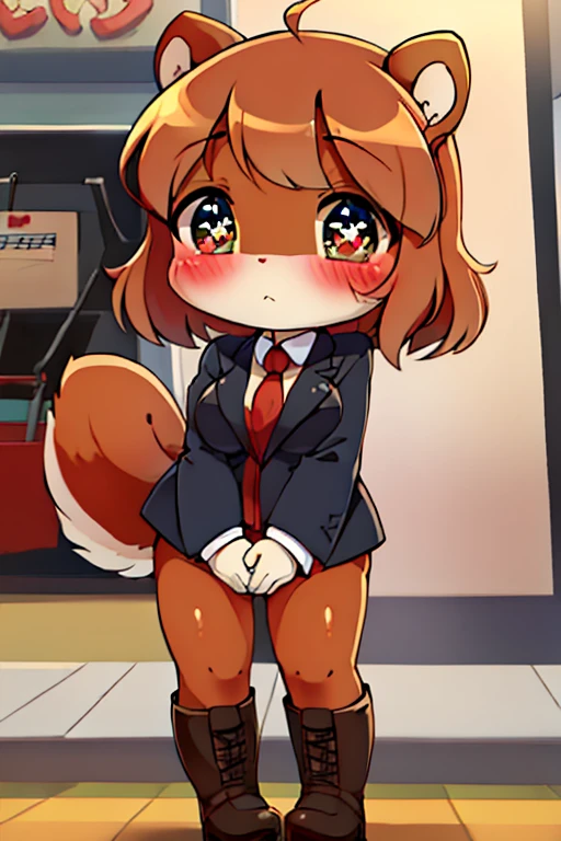 boy, squirrel, furry, bodyfur, blazer, bottomless, green tights, gloves, boots, chibi, bulge, sparkling eyes, peeing, penis, testicles