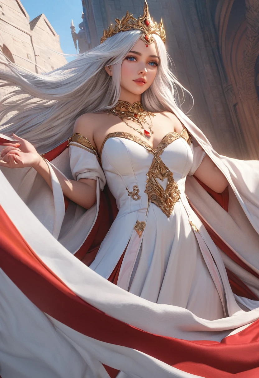 (best quality,4k,8k,highres,masterpiece:1.2), ultra-detailed, (realistic,photorealistic,photo-realistic:1.37),((Highly detailed CG Unity 8k wallpaper)), masterpiece, Super detailed, floating, High resolution, Sexually suggestive, (small, Extremely long white hair, Princess, White Mage, blue eyes, (It has long, wide sleeves and intricate embroidery. A gorgeous layered long dress in white and red with a sheer look), Bridal Veil, Circlet, Bridal Gauntlet, Blushing, shy, arched back, Frilled petticoat, Glamorous corset,