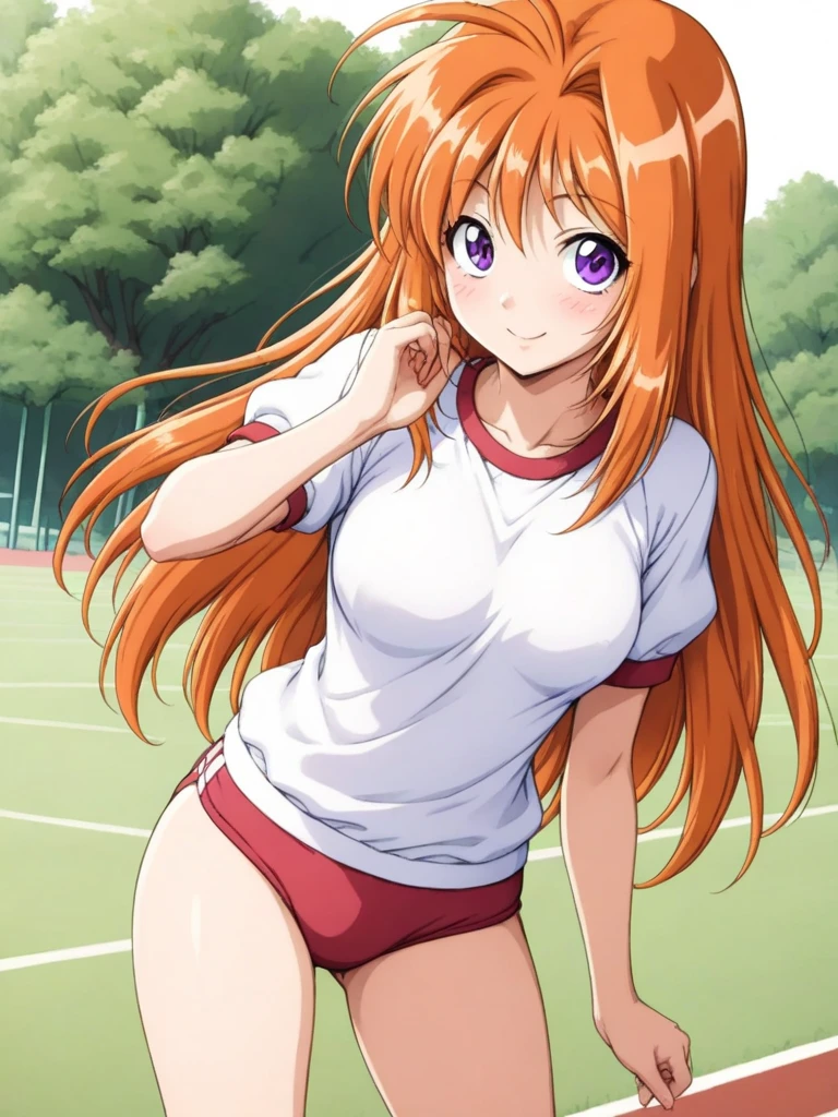 masterpiece, best quality, SaekiRuruna, 1girl, solo, long hair, orange hair, purple eyes, medium breasts, antenna hair, smile, blush, gym uniform, buruma, outdoor,