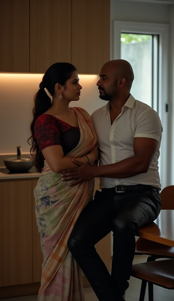 A indian plus size bhabhi wearing pink blouse ,standing close to a young man