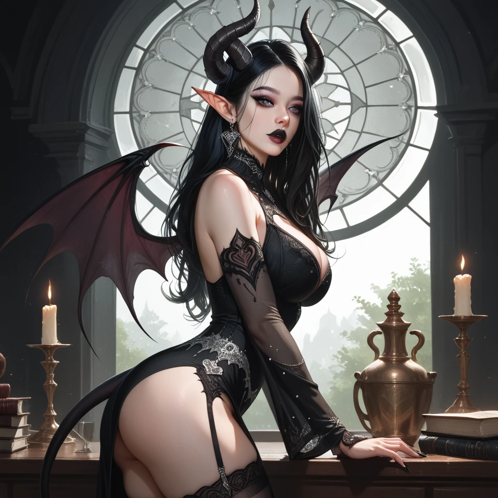 ((Masterpeice)), ((highres)), a beautifully detailed succubus female, long black hair, defined eyes, grey iris, defined nose, defines lips, black lips, dark eyeshadow, demon horns, demon tail, detailed elf ears, large breasts, hour glass figure, big butt, fantasy style clothing, black flowing dress, silver jewlery, witchy asthetic, black magic, occult