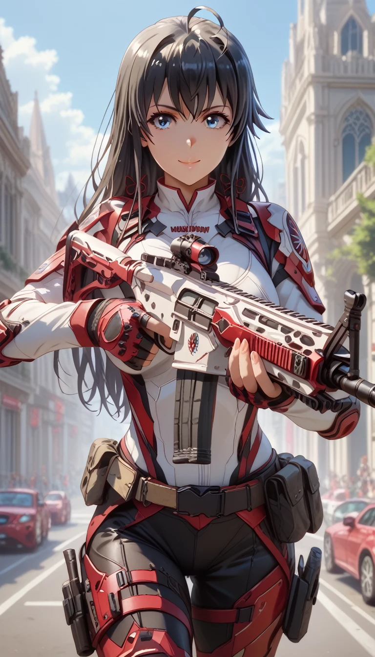 ultra-detailed, 1girl, yukino yukinoshita, (masterpiece)), (best quality), (highres), 16K, black hair, blue eyes, long hair, ahoge, wearing tactical clothes, black panties, tactical belt, knee pads, busty body, large breasts and a beautiful ass, showcasing cleavage, legs, hips, holding assault rifle, looking at viewer, smile, detailed face, detailed hair, detailed body, streets background