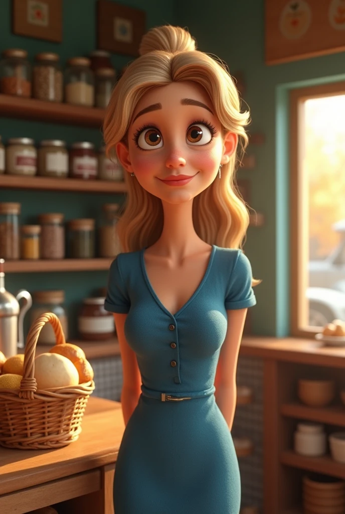 A square-faced woman should make a red omelette, a very old house, a very thin yellow tulle on the woman, she should look a little like an alien, not scary but cute.