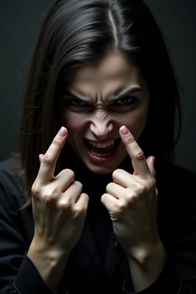 arafed woman making a funny face with her finger up, middle finger, insane face, black and white image, laughing, sneering, black and white, silly face, adriana lima, mean face, giving the middle finger, miranda kerr, angry, beautiful image, crazy expression, duckface, close up face, heavy gesture style closeup, angry smile, beautiful