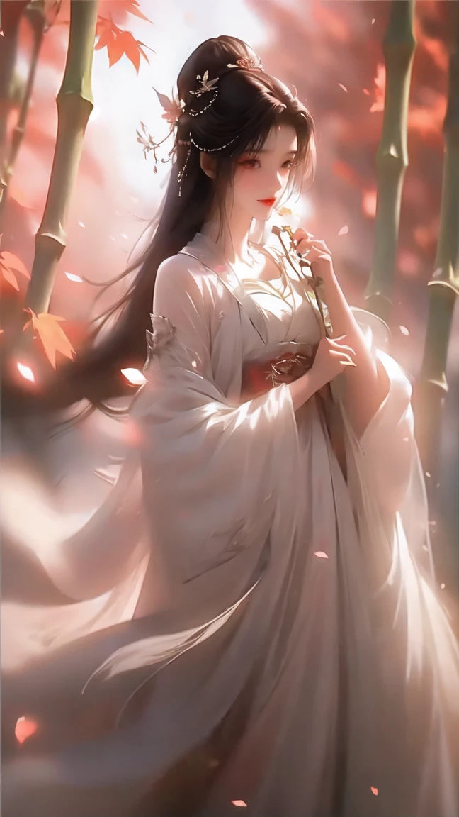 1girl,Long brown hair decorated with flowers 🏵️, bright brown eyes,Smile, smile,Girl wearing a simple hanfu, looks beautiful and pure,The background is filled with red mulberry trees 🍁,Falling leaves make the atmosphere look beautiful,Girl is holding a bamboo basket containing mulberry flowers 🍁while picking flowers, graceful, beautiful, magical, sweet, 4k