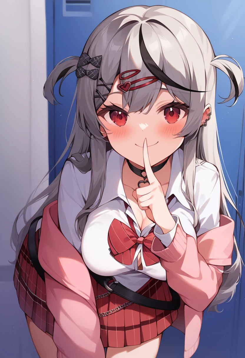 score_9, score_8_up, score_7_up, nsfw, source_anime, 
masterpiece,best quality,highres,official art,official style,Expressiveh,uncensored
BREAK
ccchloe, long hair, streaked hair, grey hair, two side up, hairclip, hair bow, hair ornament, red eyes, breasts, school uniform, black choker, red bowtie, collared shirt, white shirt, shirt tucked in, off shoulder, pink cardigan, long sleeves, belt, pleated skirt, red skirt, smile,happy smile,embarrassed,shushing, finger to mouth, index finger raised,leaning forward,bent over, collarbone,cleavage,indoors,locker room,looking at viewer,