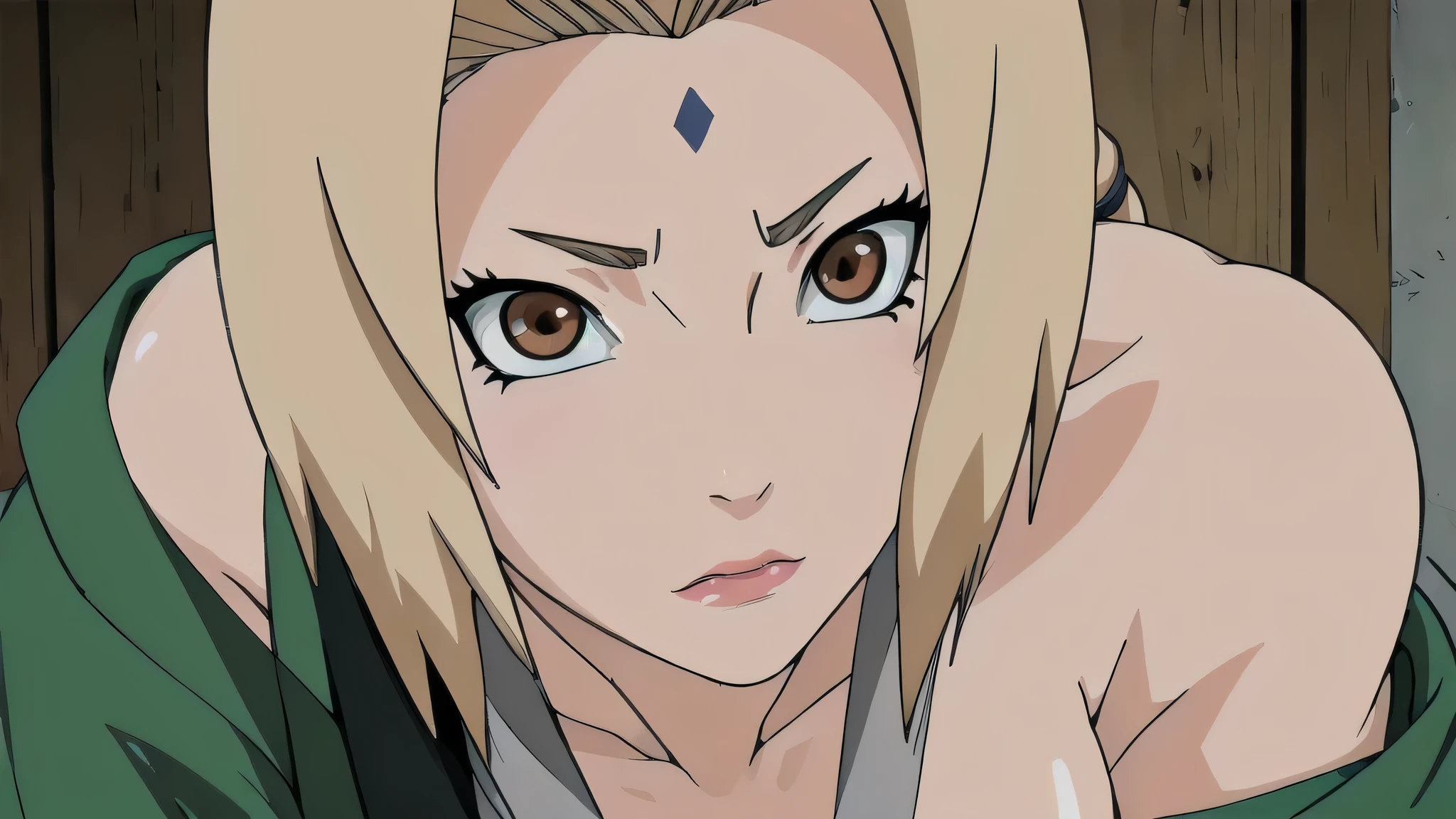 (masterpiece, Highest quality:1.2), alone, One Girl, Tsunade Defense, Forehead mark, View your viewers,Browsing Caution、((anime、Upper body naked、Sad face、Exposed breasts、Medium Size、Off the shoulder、Torn clothes))、、Open kimono, Green haori, Gray kimono, sash, pants 、Upper body close-up、Close-up of a person、Beautiful girl with beautiful details, very cute, Beautiful girl with beautiful details, Professional photography lighting, Highly detailed eyes and face, Beautiful eyes in every detail、Beautiful detailed hair, Beautiful and exquisite cold face、