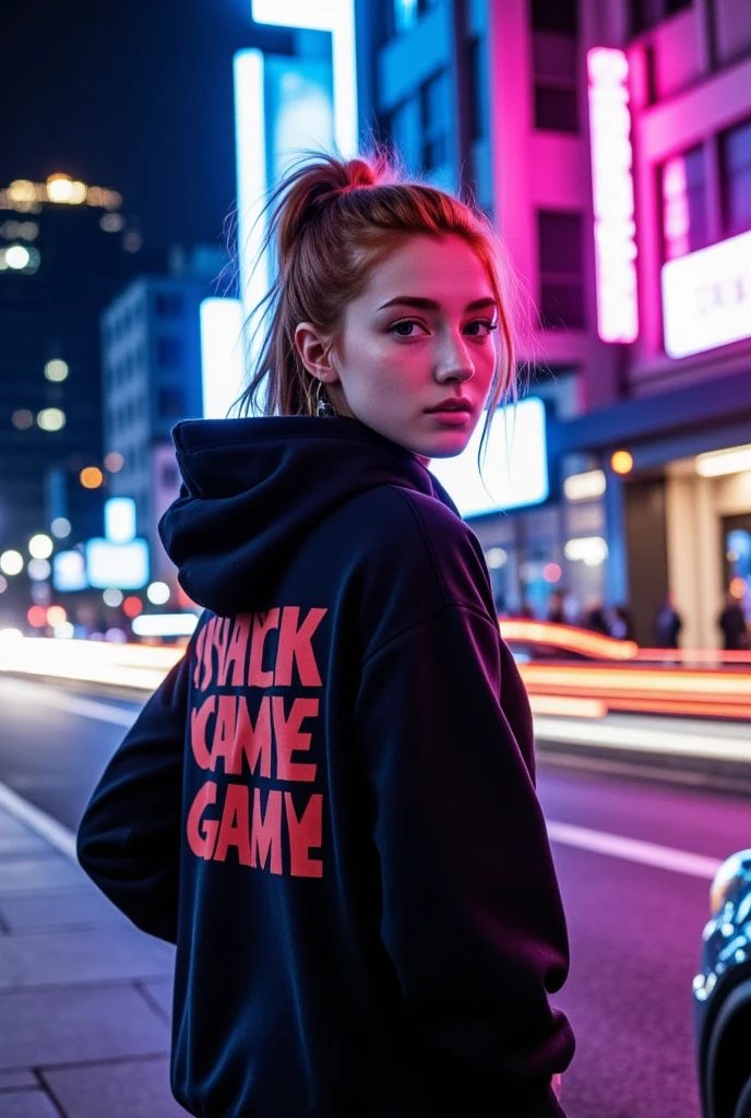 The image showcases a striking, neon-lit urban scene featuring a young woman named vanessa with red hair styled in a loose, high ponytail, illuminated dramatically by vibrant pink and blue lights. She stands in profile but turns her head slightly to make direct eye contact with the viewer, her expression confident and enigmatic. The ambient light casts colorful highlights on her pale skin, emphasizing the contrast between the cool and warm hues of the scene.

She wears an oversized, dark hoodie with bold red graphic text on the back, creating a stark contrast that adds an edgy, streetwear vibe. The setting is a city street at night, framed by tall buildings adorned with glowing neon signs and illuminated windows, hinting at a bustling nightlife. The background is alive with motion blur and light trails from passing cars, painted in streaks of bright blue, orange, and white, which add dynamic energy to the scene and suggest a fast-paced, futuristic environment.

Reflections of the neon lights bounce off nearby glass surfaces, creating a multi-layered visual effect that enhances the depth of the image. The mood is distinctly cyberpunk, with a blend of modern urban grit and futuristic aesthetics, evoking themes of rebellion, individuality, and mystery. The overall composition is visually captivating, merging the vibrant energy of the city with the commanding presence of the subject.