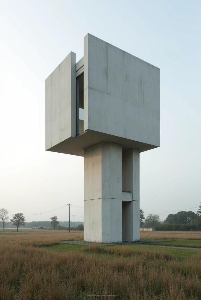 Use Tadão Ando's architectural style and create a tower for a 5,000-liter water reservoir, with a height of 6 meters, And look light on a farm, designed in minimalist style