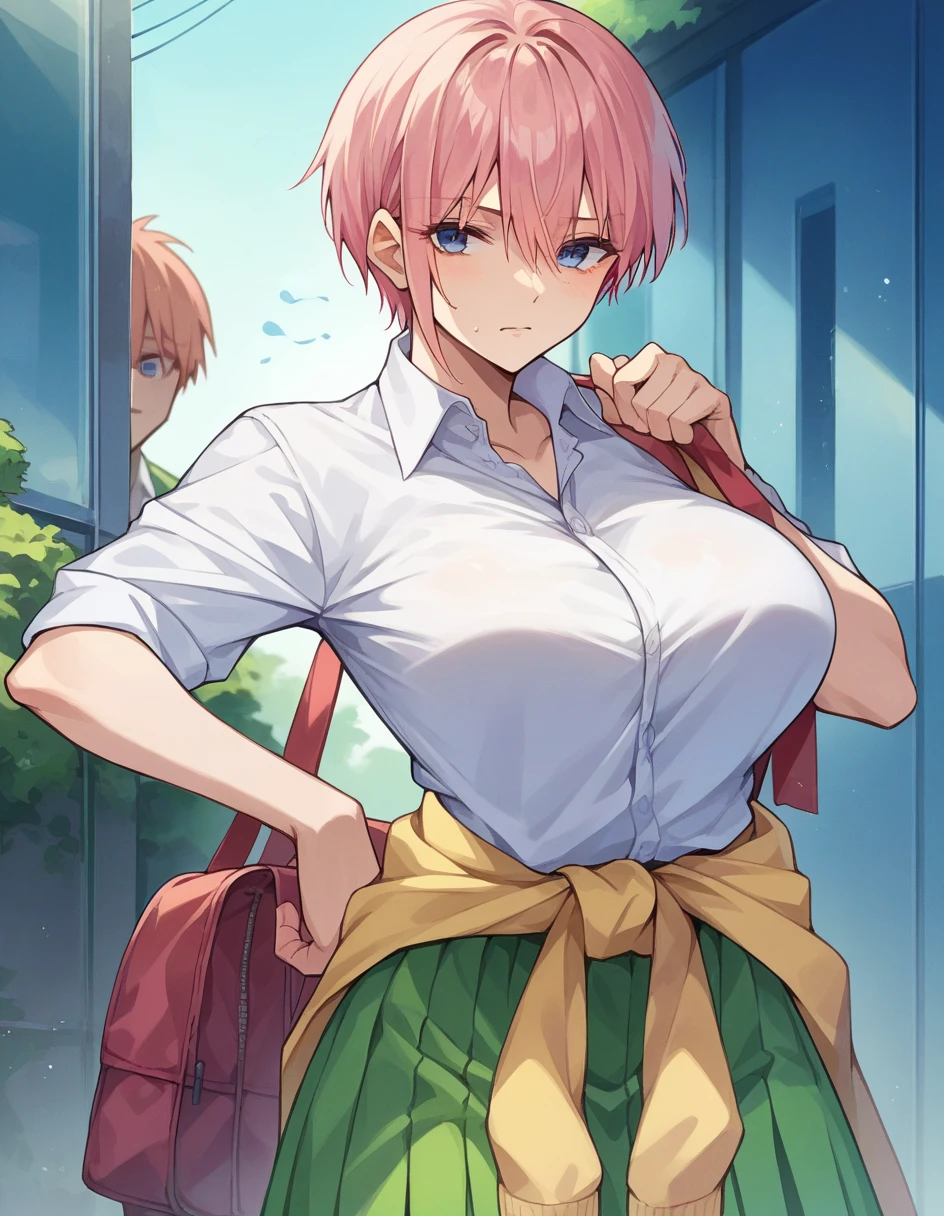 nakano ichika, pink hair, short hair, around waist, collared shirt, green skirt　Big Breasts　 girl１people　