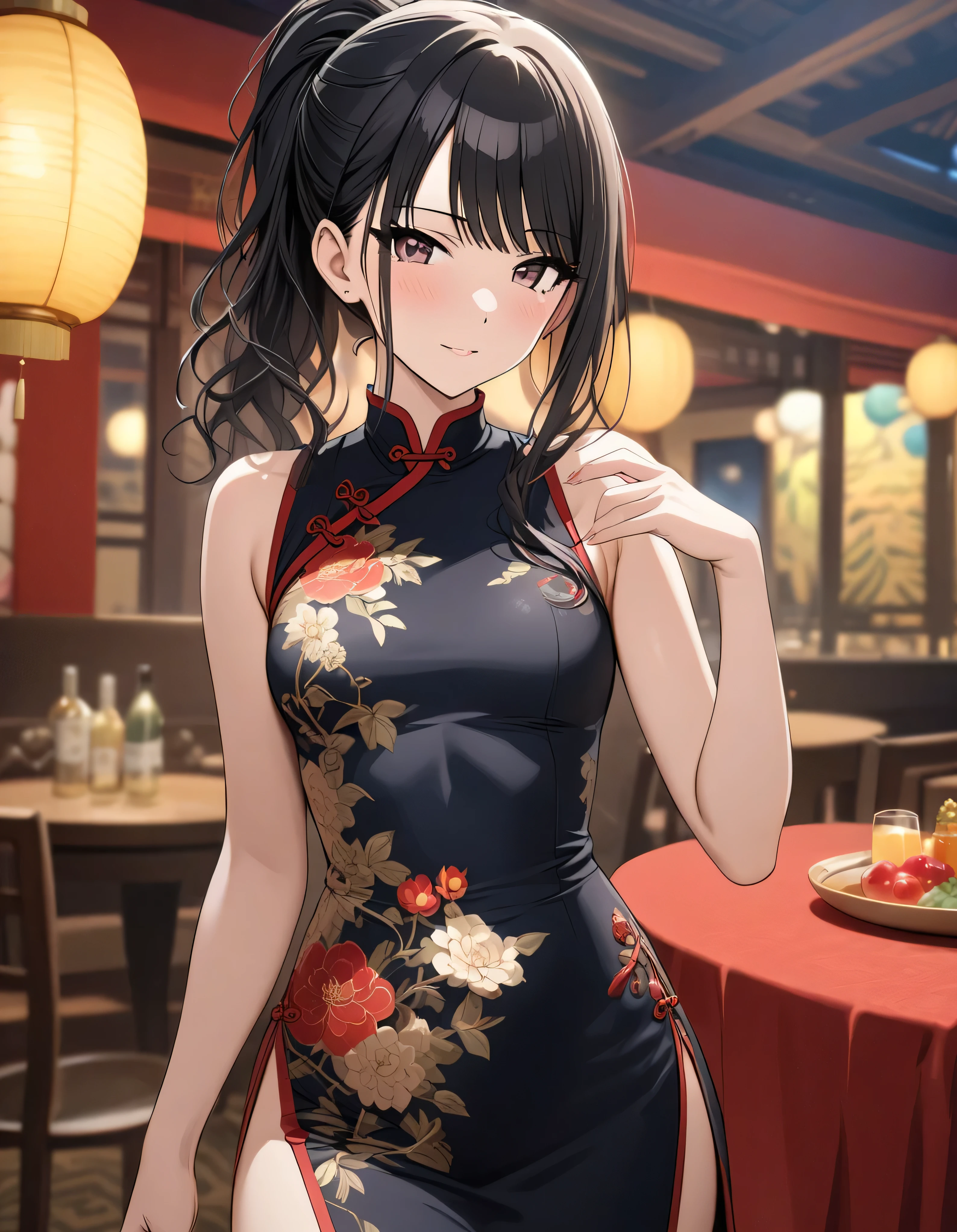 (masterpiece),(Best Quality),( very detailed),( Best Shadow ),(detailed background),(so beautiful), Official Style, Hiori Kazano, ponytail, Black Hair , black eyes, Small breasts, (Red cheeks:1.1), The Idolmaster Shiny Colors, China Dress, (long slit:1.1), Party Venue, (cowboy shot), Realistic skin