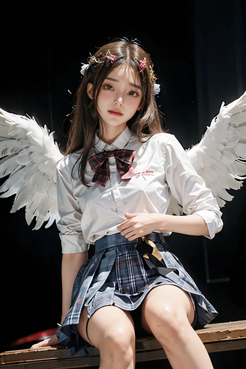 Masterpiece, best picture quality, one beautiful girl, detailed eyes, swollen eyes, brown hair, long hair, fair skin, cute, cute legs, short skirt, Japanese woman, Asian beauty, moonlight, strong eyes, professional lighting, bright lighting, double eyelids, slender, Japanese woman, Asian beauty, idol, Checked jacket, short checked skirt, ribbon shaped tie, smile, sweat, fresh, live stage, hair ornament, Japanese idol costume, idol audition, sparkly costume, angel wings,Masterpiece, best picture quality, one beautiful girl, detailed eyes, swollen eyes, brown hair, long hair, fair skin, cute, cute legs, short skirt, Japanese woman, Asian beauty, moonlight, strong eyes, professional lighting, bright lighting, double eyelids, slender, Japanese woman, Asian beauty, idol, Checked jacket, short checked skirt, ribbon shaped tie, smile, sweat, fresh, live stage, hair ornament, Japanese idol costume, idol audition, sparkly costume, angel wings,