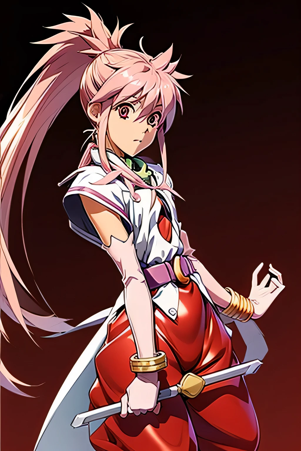  perfect anatomy　 best quality, highest resolution,(((Shiny clothes　Red eyes　 ponytail)))　 Tales of Phantasia　Arche 