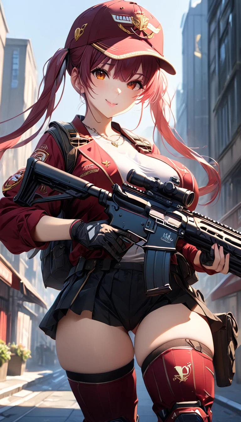 1girl, marine, Houshou Marine, Hololive, (best quality), ((masterpiece)), (highres), 16K, perfect face, yellow eyes, red eyes, long hair, twintails, wearing baseball cap, wearing tactical clothes, wearing black thong, thighhighs, knee pads, busty body, large breasts and a beautiful ass, showcasing cleavage, legs, hips, holding assault rifle, looking at viewer, smile, detailed body, thigh details, streets background