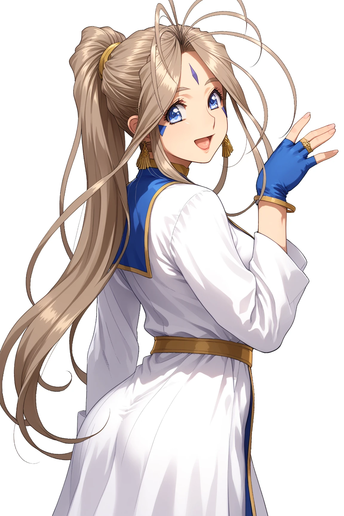 sfw, 1goddess, solo, (priestess, priestess short-neck dress), (short-neck), long sleeves, ((Blue Trimmed Dresses, Blue-Trim)), shiny, shiny white skin, (closed front clothes:1.6), calm smile, open mouth, BREAK, Lovebell-SDXL, Belldandy, long ponytail, brown hair, blue eyes, gold choker, (fingerless blue short gloves), bracelet, earring, wedding_silver_ring, gold anklet, (elegant mature woman), safety, tranquility, BREAK, looking back, hand on hip, BREAK, (masterpiece:1.2), (best quality), (ultra detailed), (realistic), portrait, dramatic lighting, ((sharp focus, sharp detail)), score_9, score_8_up, score_7_up, score_anime, detailed eyes, detailed eyelashes, extremely detailed face, sharp detailed lips, beautiful detailed hand, BREAK, cowboy shot, standing, from front,   