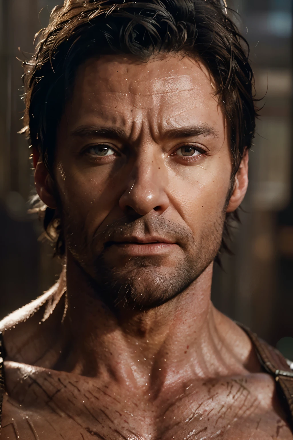 Wolverine Devil's Cyberpunk (Professional 3D Rendering:1.3) De (Realistic:1.3) The most beautiful art photos in the world,Soft Features, Brilliant male hero, ((Epic Hero Rough Fantasy Muscle Man Wet Hero Angry Long Hair Short Beard and Dynamic Pose Fierce Expression, fantastic location, majestic cluttered environment)), Whole body 8K unit rendering, action SHOT, Skin pores, Very dark lighting, Dark shading, detailliert, 详细的脸, (vibrating, photos realistic, Realistic, Dramatic, murky, foco nítido, 8K), (Old leather clothes damaged by bad weather:1.4), ((((Use skins)))), (Convoluted:1.4), Decadent, (ighly detailed:1.4), digitial painting, rendering by octane, art stations, concept-art, suave, foco nítido, Illustration, Germ from art, (Roisch:0.23), Vlop Ilya Kuvshinov, e Greg Rutkowski e Alphonse Thank you very much, (globalillumination, studio lights, Light Volumetric), Very heavy rain, Floating particles, lotr, Fantasia, my, Inteliosbian, ((Dark ancient city background:1.3)),CG Series,art stations