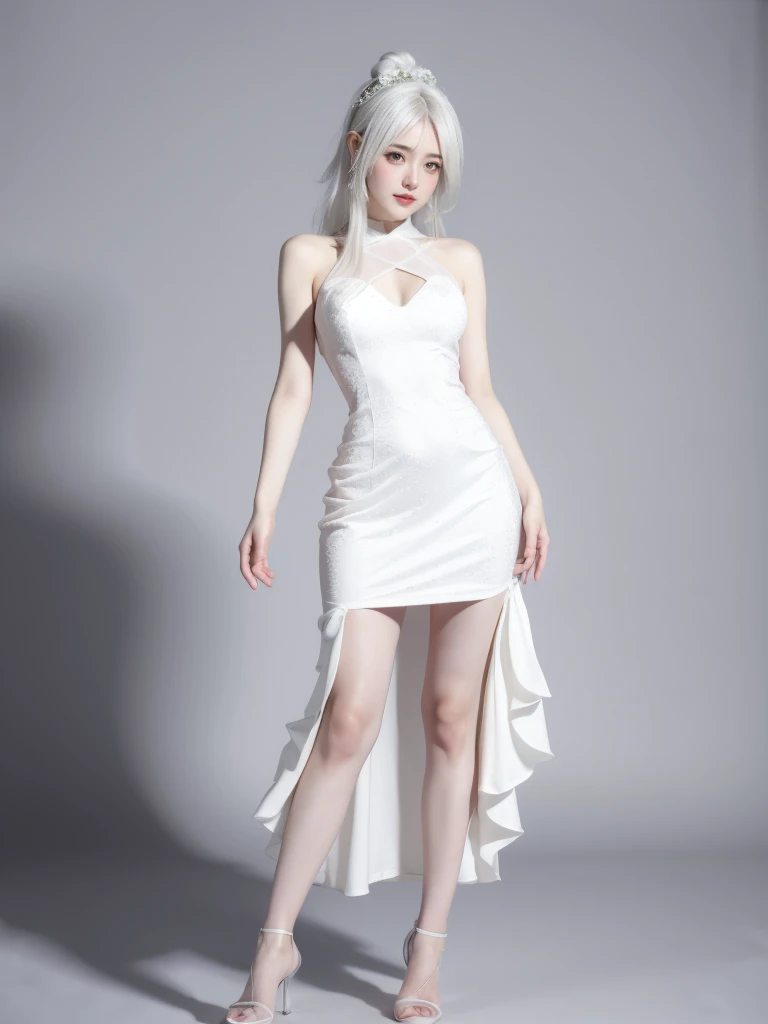 8k, Surreal, masterpiece, best quality, super detailed, high resolution, random background, China , Perfect Breasts , small waist , White skin , ใบหน้าลามก , ปากแดง , ว้ายร้าย , 1 girl, (:1.5), Yao Liu, white dress，white hair，translucent，whole body，High heel white transparent wedding dress，High heel，whole body，