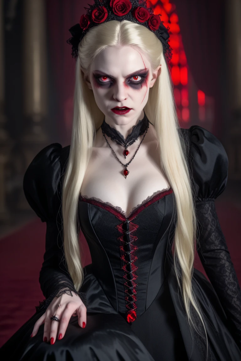"(fechar potrait), android18, fantasia sombria, Gothic style, rainha vampira, wearing a Gothic-style dress, with a bloodthirsty smile and blood on his face, corpo, e uma lua de sangue ao fundo. The scene takes place in a Gothic castle with many bats, emphasizing pale skin and glowing eyes."