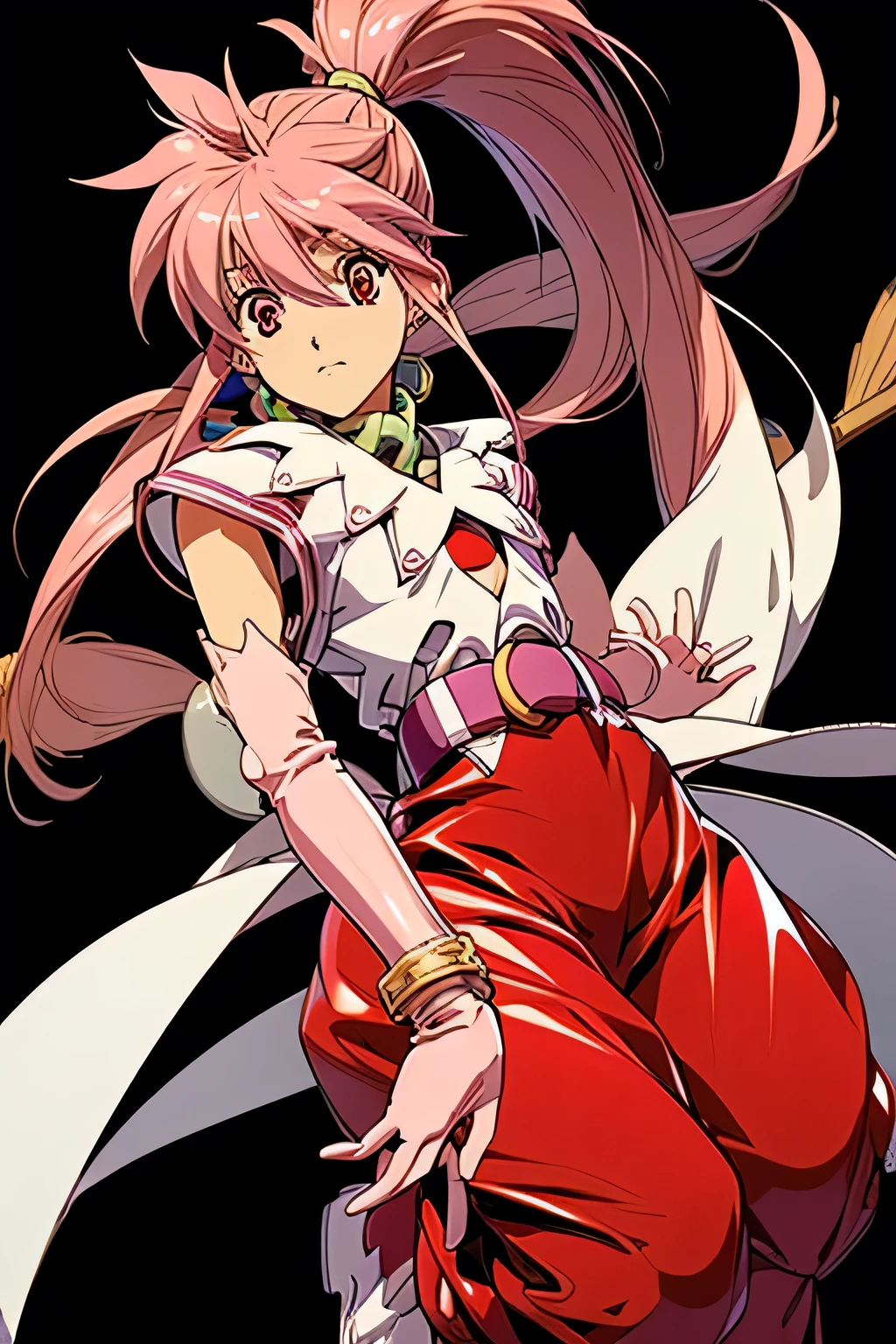  perfect anatomy　 best quality, highest resolution,(((Shiny clothes　Red eyes　 ponytail)))　 Tales of Phantasia　Arche 　broom