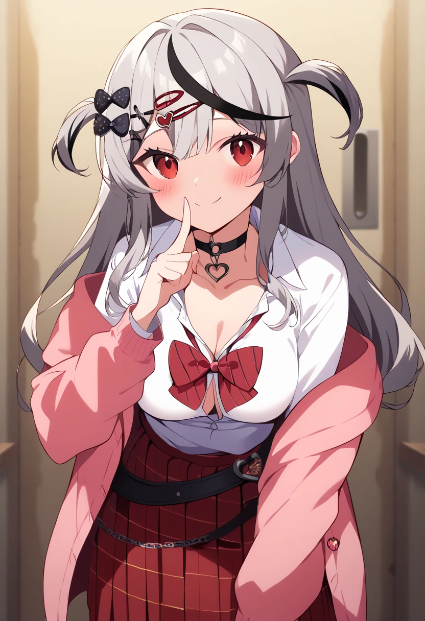 score_9, score_8_up, score_7_up, nsfw, source_anime, 
masterpiece,best quality,highres,official art,official style,Expressiveh,uncensored
BREAK
ccchloe, long hair, streaked hair, grey hair, two side up, hairclip, hair bow, hair ornament, red eyes, breasts, school uniform, black choker, red bowtie, collared shirt, white shirt, shirt tucked in, off shoulder, pink cardigan, long sleeves, belt, pleated skirt, red skirt, smile,happy smile,embarrassed,shushing, finger to mouth, index finger raised,leaning forward,bent over, collarbone,cleavage,indoors,locker room,looking at viewer,