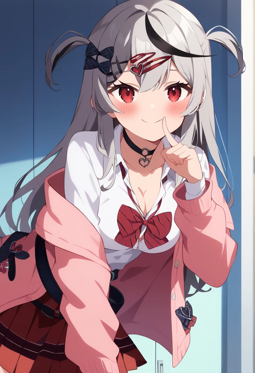 score_9, score_8_up, score_7_up, nsfw, source_anime, 
masterpiece,best quality,highres,official art,official style,Expressiveh,uncensored
BREAK
ccchloe, long hair, streaked hair, grey hair, two side up, hairclip, hair bow, hair ornament, red eyes, breasts, school uniform, black choker, red bowtie, collared shirt, white shirt, shirt tucked in, off shoulder, pink cardigan, long sleeves, belt, pleated skirt, red skirt, smile,happy smile,embarrassed,shushing, finger to mouth, index finger raised,leaning forward,bent over, collarbone,cleavage,indoors,locker room,looking at viewer,