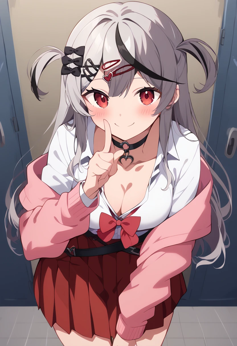 score_9, score_8_up, score_7_up, nsfw, source_anime, 
masterpiece,best quality,highres,official art,official style,Expressiveh,uncensored
BREAK
ccchloe, long hair, streaked hair, grey hair, two side up, hairclip, hair bow, hair ornament, red eyes, breasts, school uniform, black choker, red bowtie, collared shirt, white shirt, shirt tucked in, off shoulder, pink cardigan, long sleeves, belt, pleated skirt, red skirt, smile,happy smile,embarrassed,shushing, finger to mouth, index finger raised,leaning forward,bent over, collarbone,cleavage,indoors,locker room,looking at viewer,