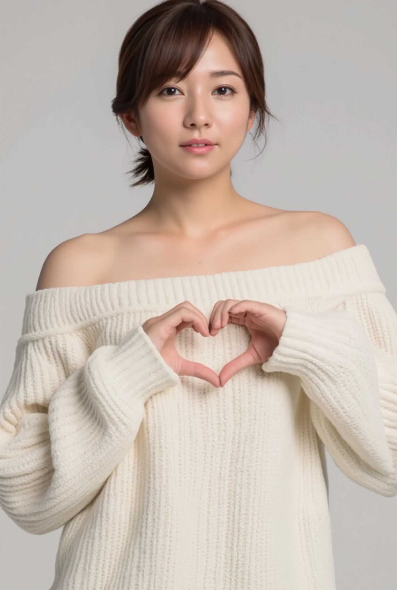 Only one woman with a cute smile wears cute, fluffy off-shoulder pajamas, makes a big heart shape with both hands, and poses them in front of her chest, View above collarbone、The background is a monotone 、
