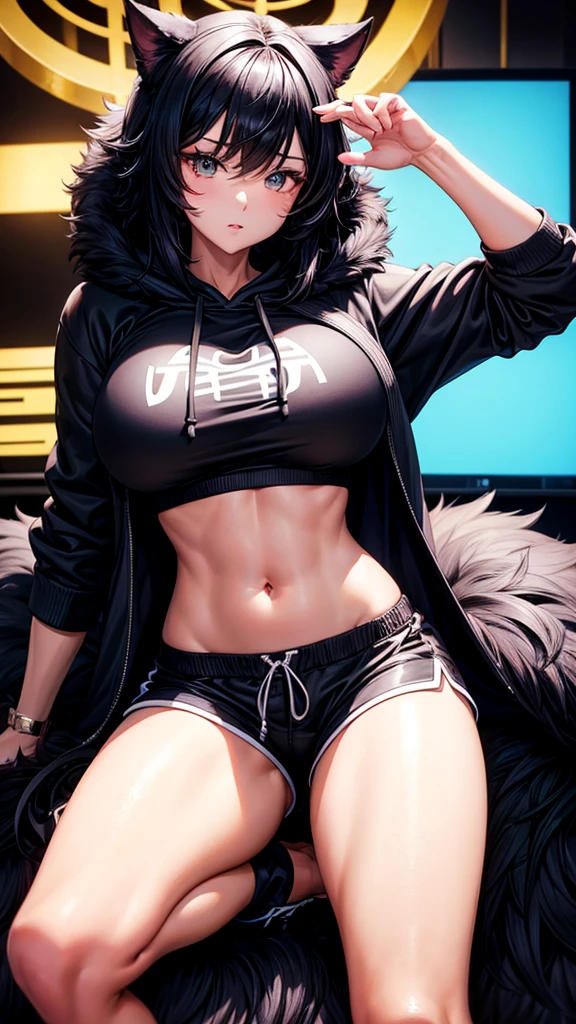 (best quality,highres:1.2), ultra-detailed, realistic:1.37, anime, portraits, vivid colors, bokeh, studio lighting, sharp focus, physically-based rendering, professional, Fubuki, One Punch Man, model figure, Stunning details, short fur coat on a half-naked body(panties and T-shirt are included), tattoo on stomach(Butterfly), body half naked(navel with tattoo visible), high face resolution (elongated oval), full height, Bottom-up view of the camera