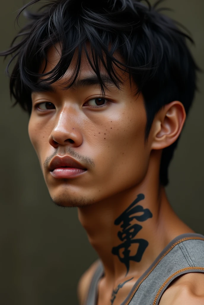 tattooed korean man, with scar on his face, expression of lust and desire on his face, Kale, with thick erect penis in a room