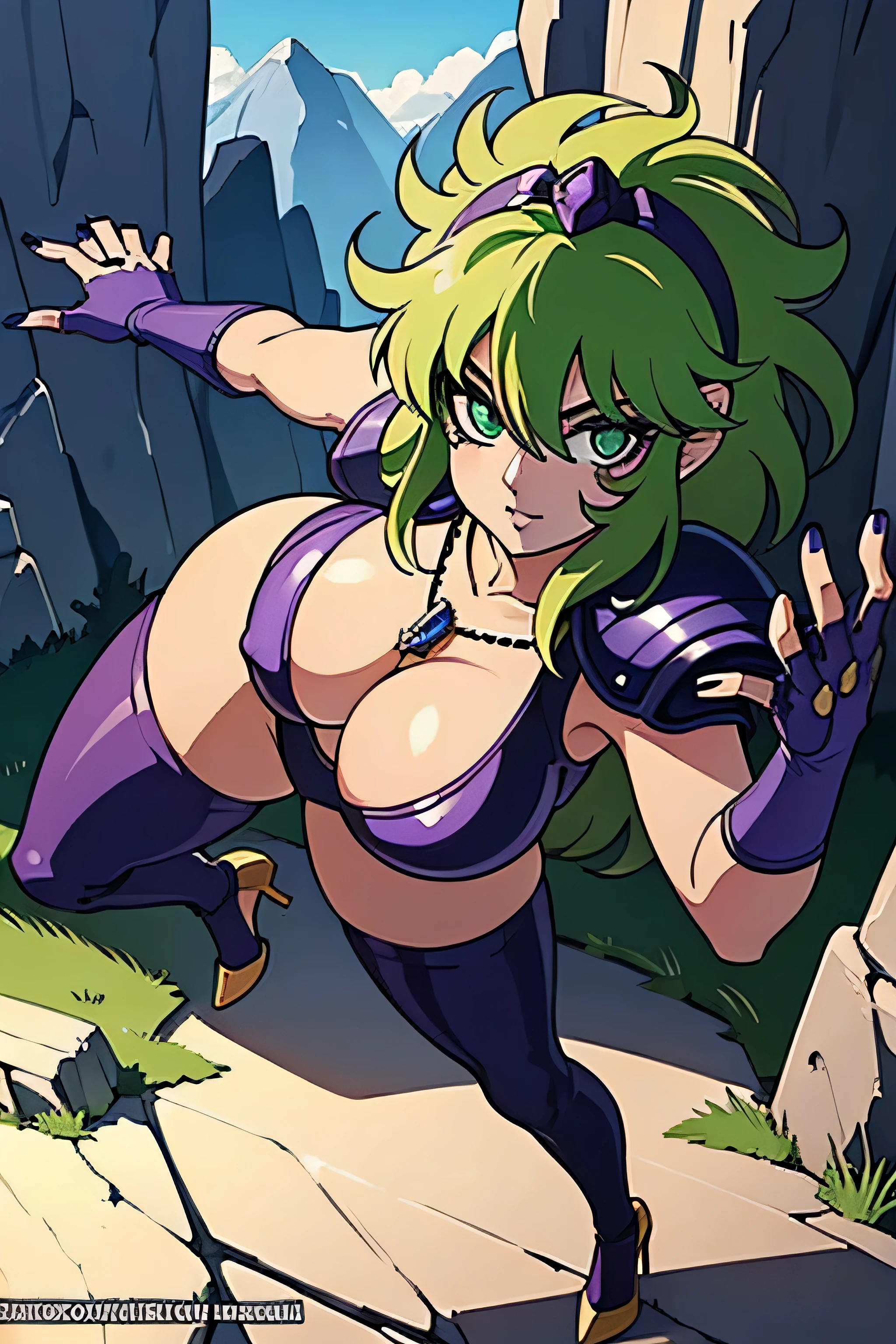 masterpiece, best quality, high quality details, 1girl, solo, brown leotard, breast, very long hair, , light green hair, emerald green eyes,shinning eyes, shinning face, full body, fingerless gloves, high heels, green thigh ,purple armor, breastplate, necklace,purple nails, nail polish, very huge tits, very huge ass, milf, looking at the viewer. rocks terrain, mountains background, in front, close up, sexy pose, breastplate, armor, purple diadem, huge tits, huge ass, horny poses, looking at viewer, sexy poses. 4K Full HD, Lora Detail Anime Girls, perfect anatomy, saint seiya Lost Canvas 