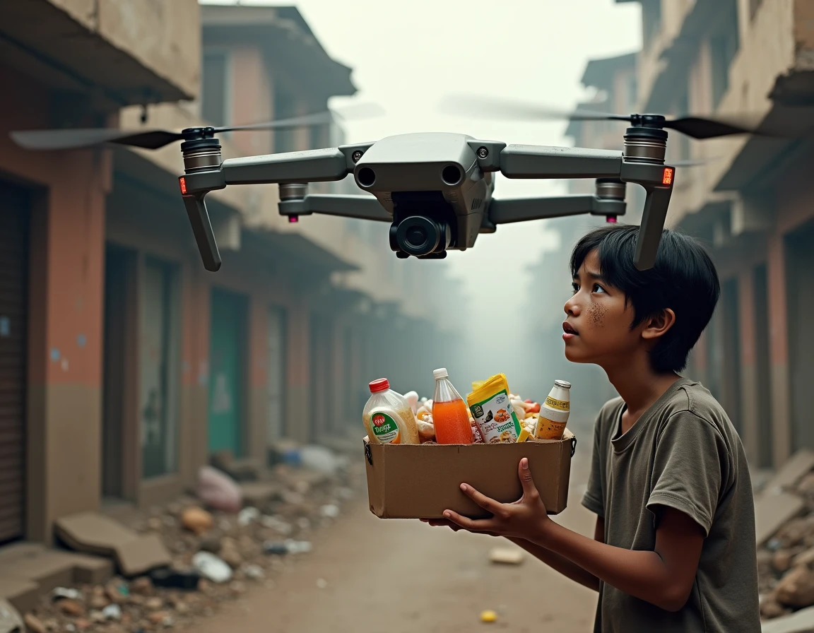 arafed boy standing in front of a helicopter with (ADD FLYERS) on the ground, helicopters, floating over a city sidewalk, true realistic image, only one robot ??? on the ground, inspired by Kurt Wenner, helicopter view, next gen, an amazing photo, helicopter, on the ground, realistic masterpiece, amazing depth, people on the ground, incredible depth