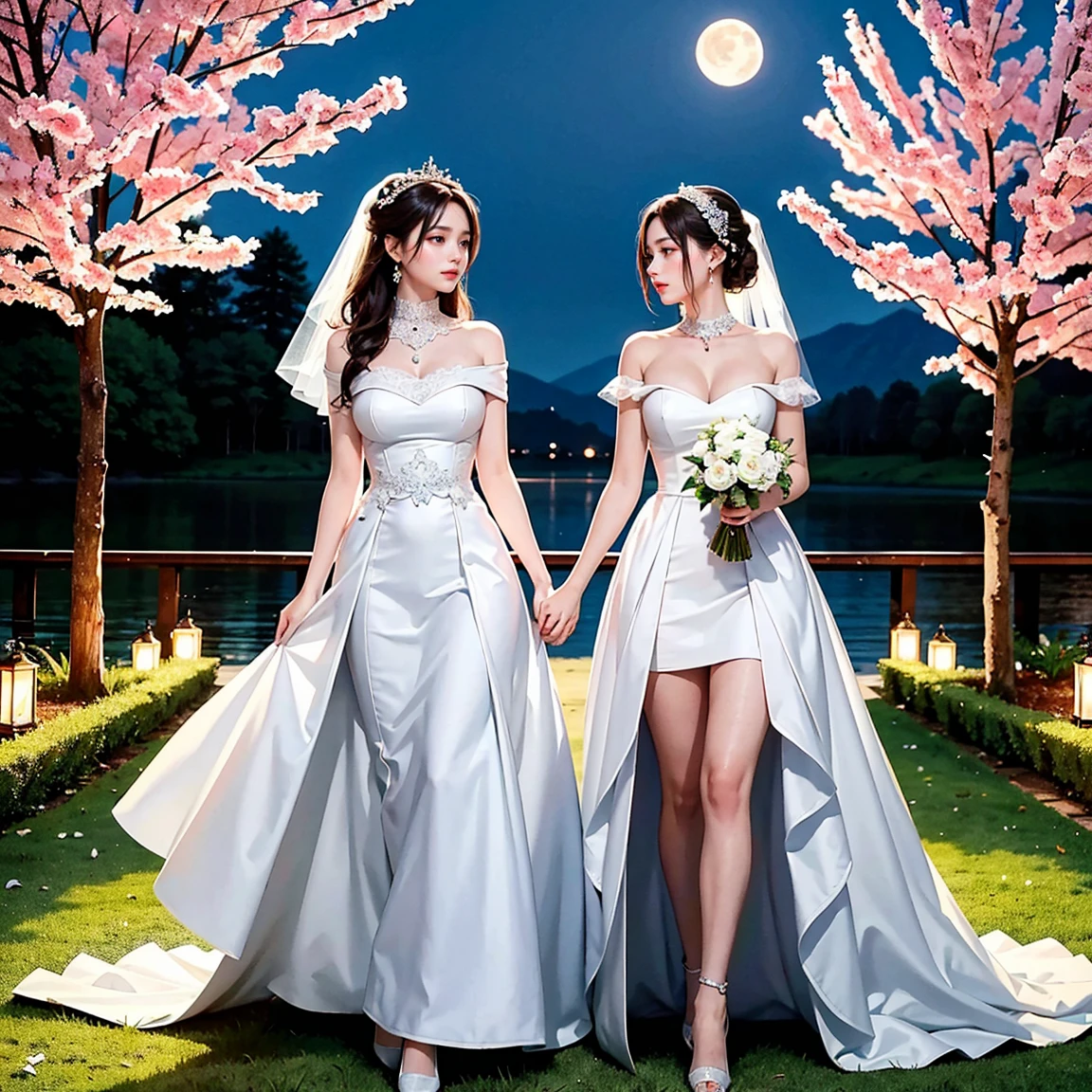 (masterpiece, highest quality, official art, beauty and aesthetic:1.5), perfect anatomy, two stunning bride is deeply in love with each other, kiss, romantic atmosphere, flower and moon, magnificent panorama view