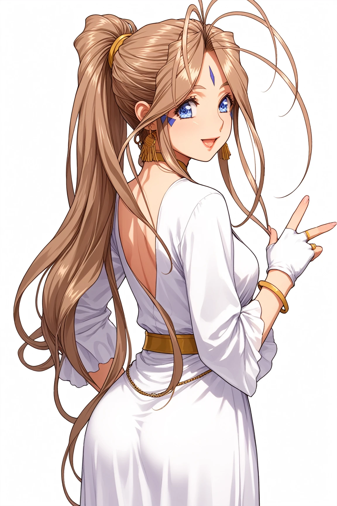 sfw, 1goddess, solo, (priestess, priestess short-neck dress), (short-neck), long sleeves, ((Blue Trimmed Dresses, Blue-Trim)), shiny, shiny white skin, (closed front clothes:1.6), calm smile, open mouth, BREAK, Lovebell-SDXL, Belldandy, long ponytail, brown hair, blue eyes, gold choker, (fingerless blue short gloves), bracelet, earring, wedding_silver_ring, gold anklet, (elegant mature woman), safety, tranquility, BREAK, from behind, looking back, hand on hip, BREAK, (masterpiece:1.2), (best quality), (ultra detailed), (realistic), portrait, dramatic lighting, ((sharp focus, sharp detail)), score_9, score_8_up, score_7_up, score_anime, detailed eyes, detailed eyelashes, extremely detailed face, sharp detailed lips, beautiful detailed hand, BREAK, cowboy shot, standing, from front,   