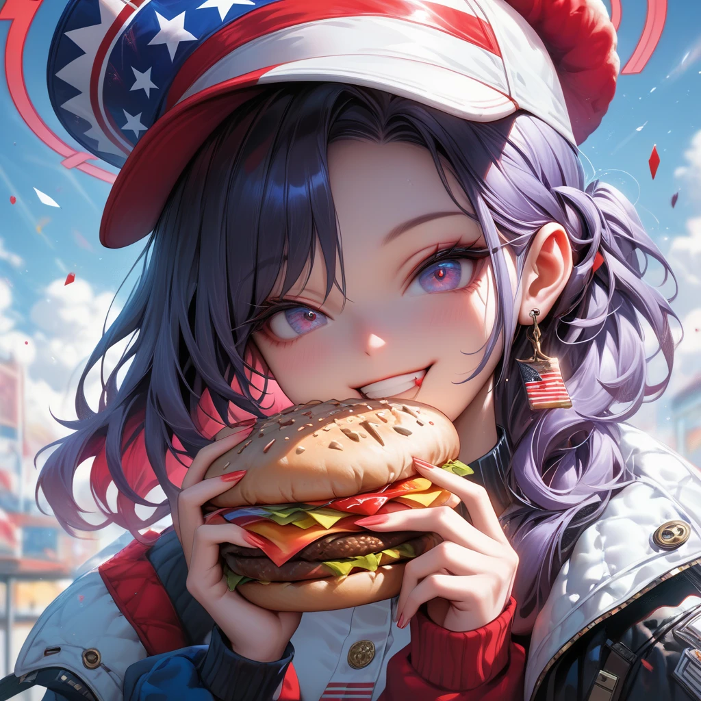 Tourism in the United States、the statue of liberty、Kawaii Girl、hamburgers、happily face、Brown skin、masterpiece、top-quality、Top image quality