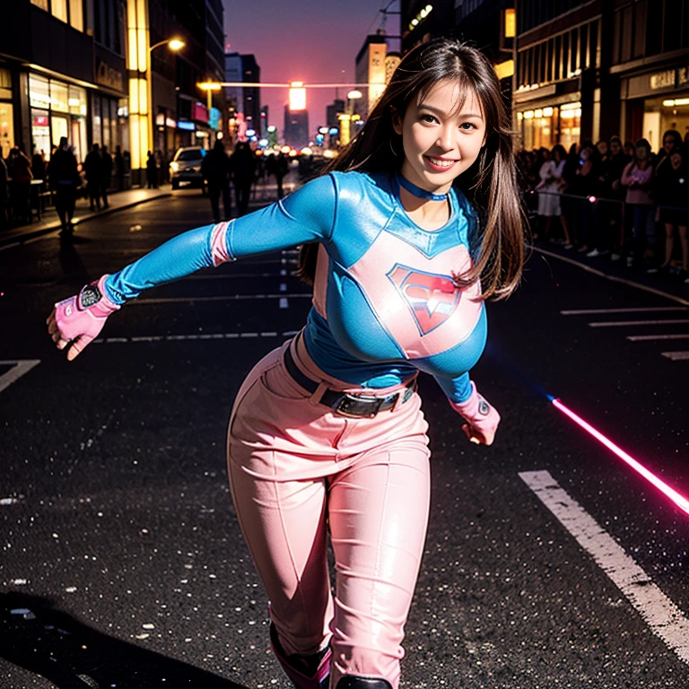 (from the left side),(Asian Woman),(huge breasts:1.6),(thin waist:1.4),(thin body:1.5),(black fingerless gloves, pink wristbands, nanotech speedster suit that resembles light armor, blue chest with an emblem, blue chest, black suit with pink lines, pink speed emblem on her chest, pink emblem, blue pants, gray knee pads, metallic pink boots, white superhero belt:1.3),(Dark brown hair),(straight hair:1.5),(dark skin),She has a naughty smile on her face,top-quality,masutepiece,8K,Photorealsitic,highly detailed face,sharp and clear facial features,(school skirt:1.3),(running through the city, pink light trail, laser, city background:1.3),(((fighting pose, action pose))),(cowboy shot:1.3)