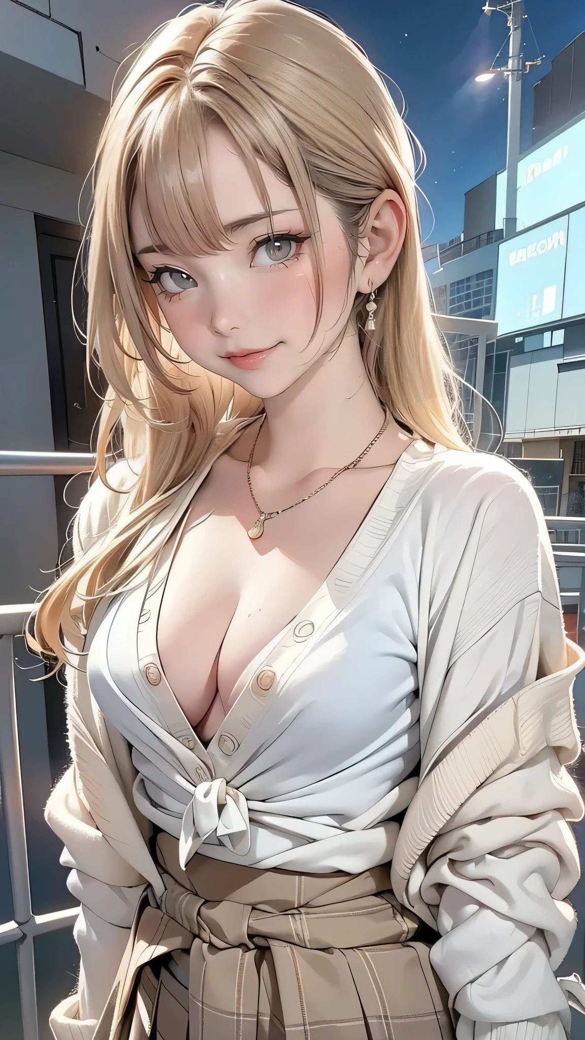 more absurd, Ultra-detailed,bright colour,(in 8K:1.3),masuter piece,extremely beautiful detailed face and eyes, 25 years old,(School Uniforms:1.2), (gals:1.2), (White shirt:1.3), (Tie a beige cardigan around the waist:1.3), ((cleavage, Unbuttoned):1.2), (plaid pleated skirt:1.2), (Necklace,Colorful bracelets,X-Hair,aurora、city light、 constellation、crescent,intergalactic,lamp post, Particles of light, long-sleeve, milkyway, natta, nigh sky, outside of house, planets, Power lines, shooting stars,  Skysky, Skyscraper, solo、Stargazing,Star_\(skyporn\)、starrysky、Winters、(Smooth straight blonde hair:1.3), (Shiny hair:1.2), Delicate beautiful face, red blush、Deep Blue Eyes, Happy smiling face,Small necklace,(Cowboy Shot)